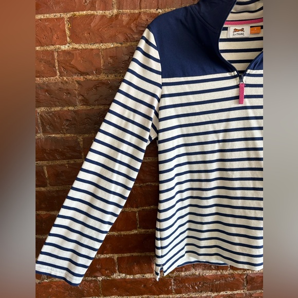 Le Tigre Navy and Cream Stripped Quarter Zip Sweater Pink Accents Size Medium - Picture 7 of 7